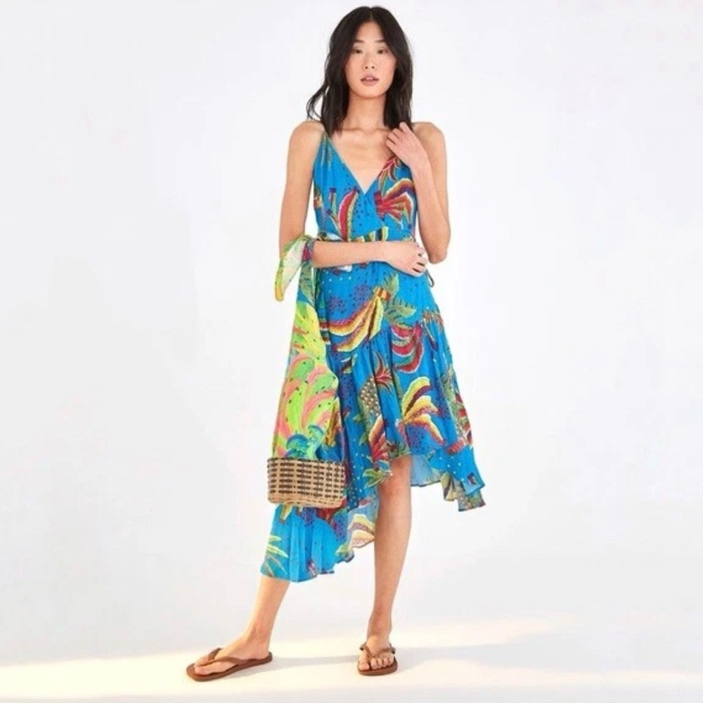 FARM RIO Banana Wrap Dress Women Small Blue Tropical Print Sleeveless Midi $185